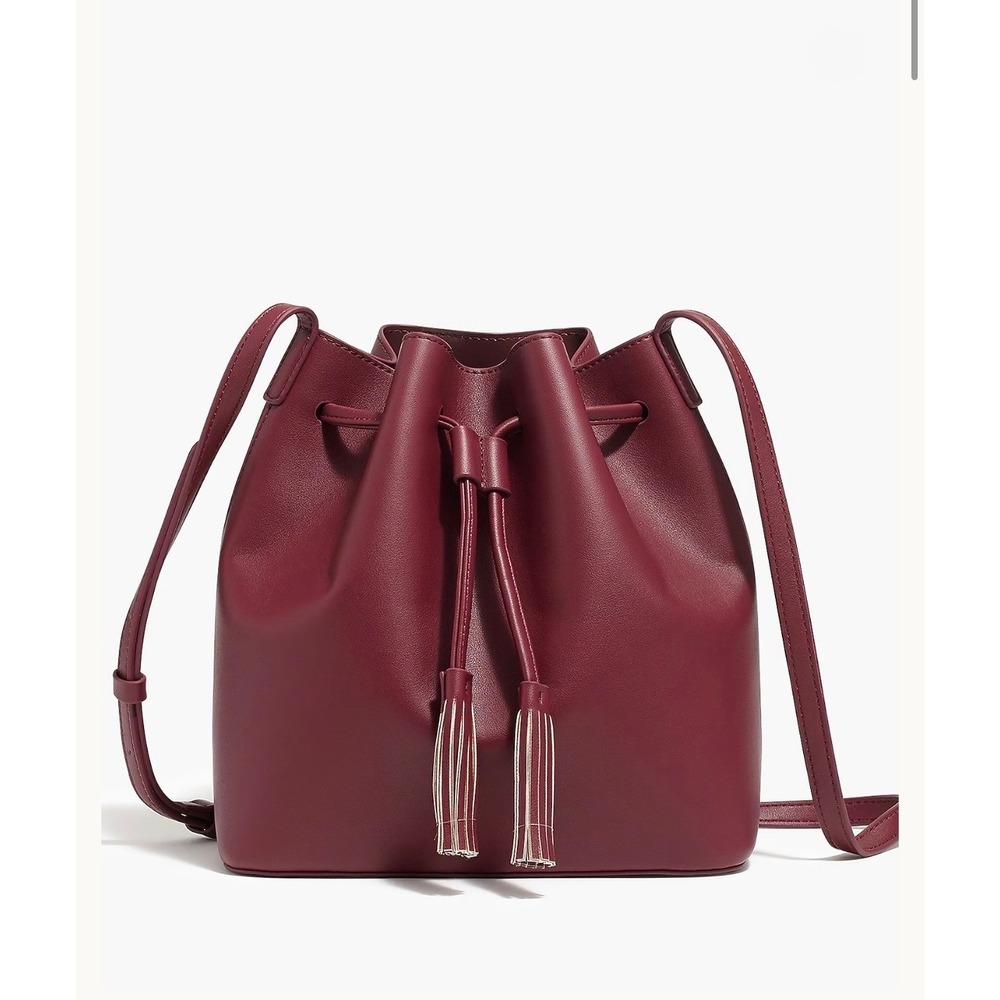 J. Crew Factory Burgundy Drawstring Crossbody Bucket Bag Tassel Maroon Wine - Picture 1 of 8